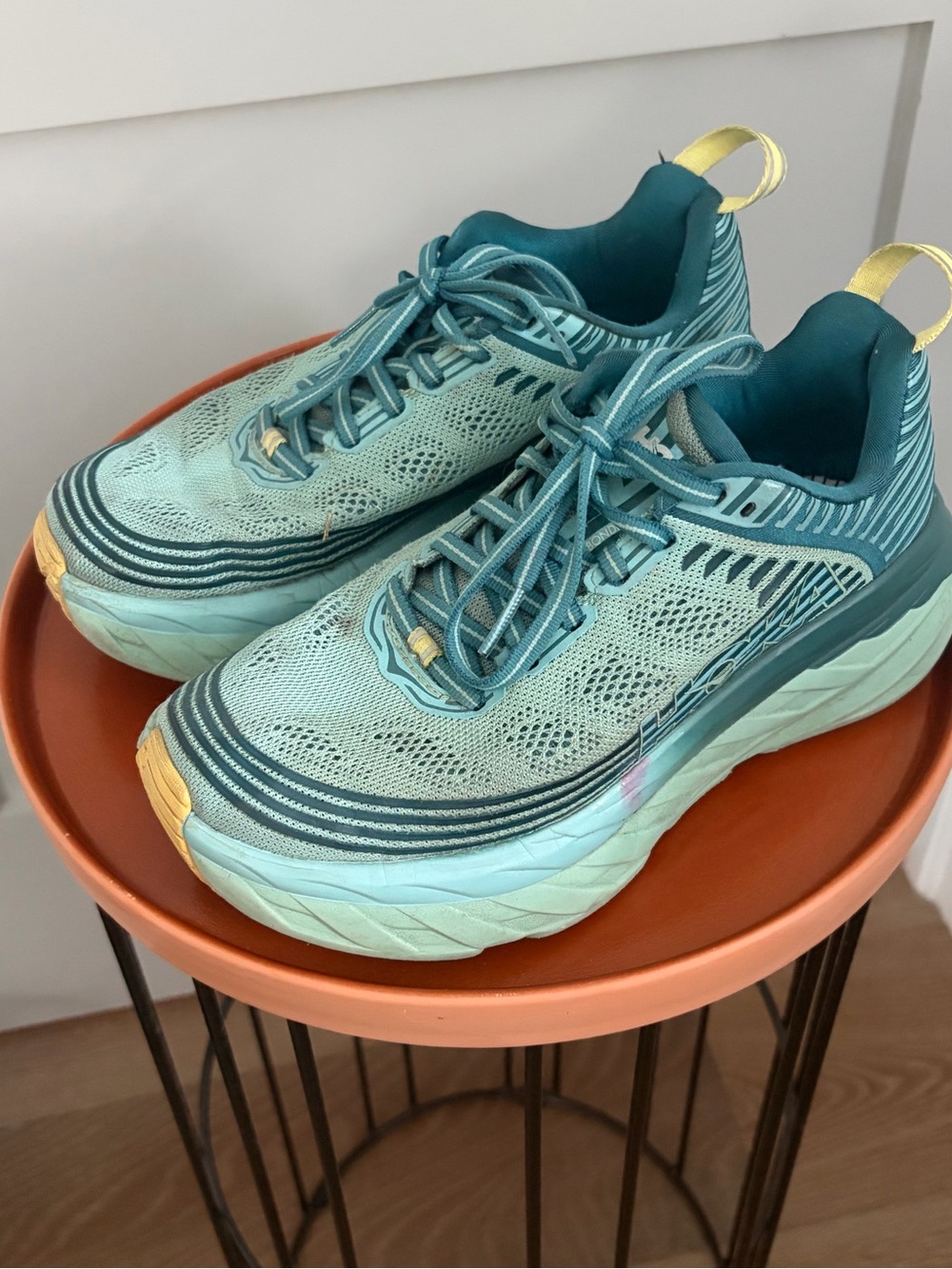 Hoka Teal Mesh Running Sneakers with Yellow Pull Tabs